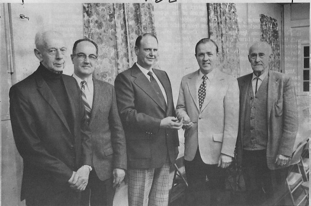 From the Archives:  Dutch Greene.  From The Westerly Sun (Charles Thibealt) 4/12/74.  Caption reads in part: &quot;David Greene (third from left) outgoing South County Fire Chiefs and Firefighters Association President, passes the gavel to First Vice-president Prescott Froberg of Jamestown at the Association's annual meeting last night in Hope Valley.&quot;